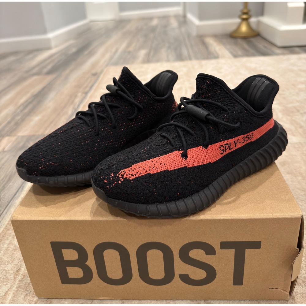 Adidas Yeezy Boost 350 V2 Core Black Red Youth Size 2.5 Excellent w/ Box & COA